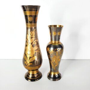 Vintage Art Deco Brass Metal Fluted Footed Vase Black Patina Etched Floral